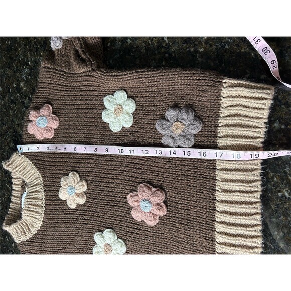 Luna Ivy Sweater Womens Size M Brown Chunky Knit Floral Applique Mock Neck - Picture 9 of 12